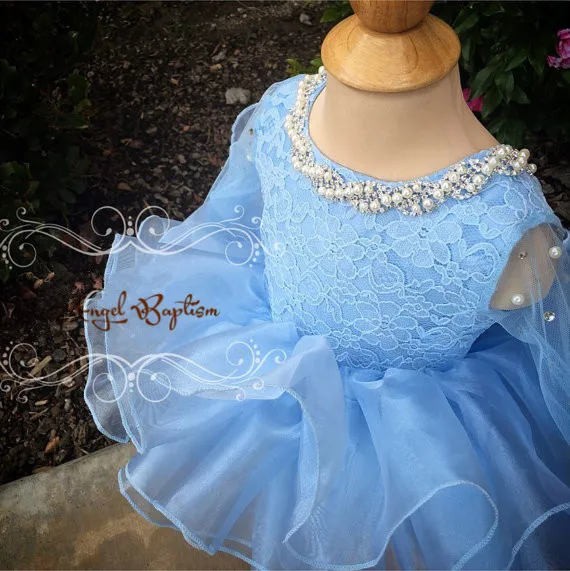 

Baby blue Knee-length open back long sleeves organza flower girl dresses with bow baby birthday party gown with pearls crystals