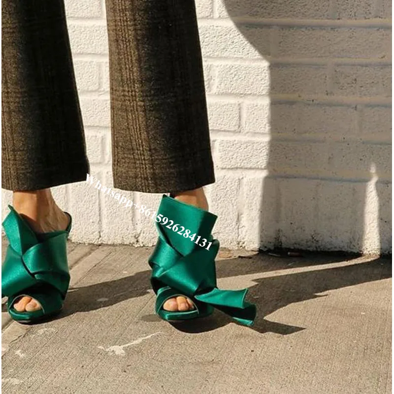 

Women Silk Big Bow Satin Heeled Mule Sandals Gladiator Stiletto Heel Fashion Peep Toe Twist Knotted Slide Pumps Woman Shoes