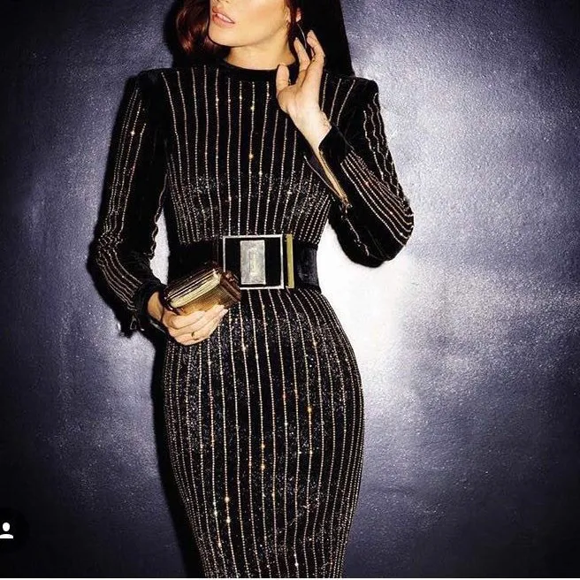 

Women Dress Long Sleeve Rhinestone Embellished Bodycon Dress Casual Autumn Beading Elegant Slim Dress