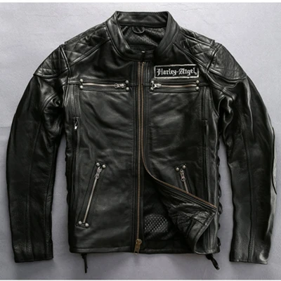 DHL free shipping Men Genuine Leather Jacket Vintage Classic Warm Motorcycle Biker Black Jacket Skull Embroidery Cowhide Coat - Цвет: Черный