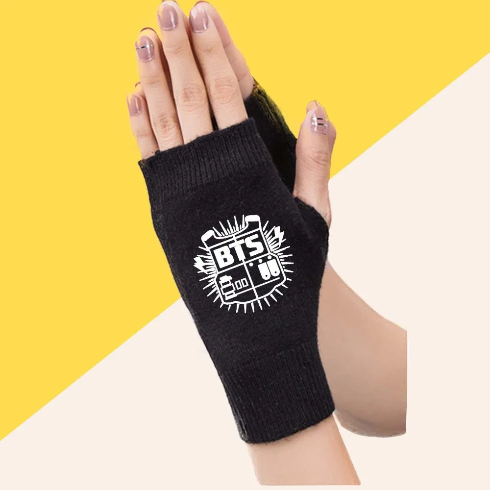 Новый kpop BTS BT21 Bangtan Jongens зима ручная работа BTS логотип Gedrukt Kasjmier gebreide Warme Half-vinger Handschoenen