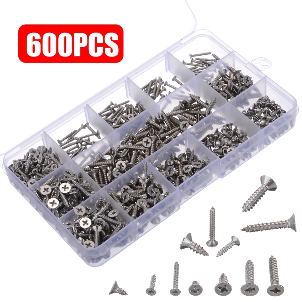 

600Pcs Self Tapping Screws Kit 6 Modes A2 Stainless Steel Assorted Self Tapping Screws Multi Functional Screw Accessories