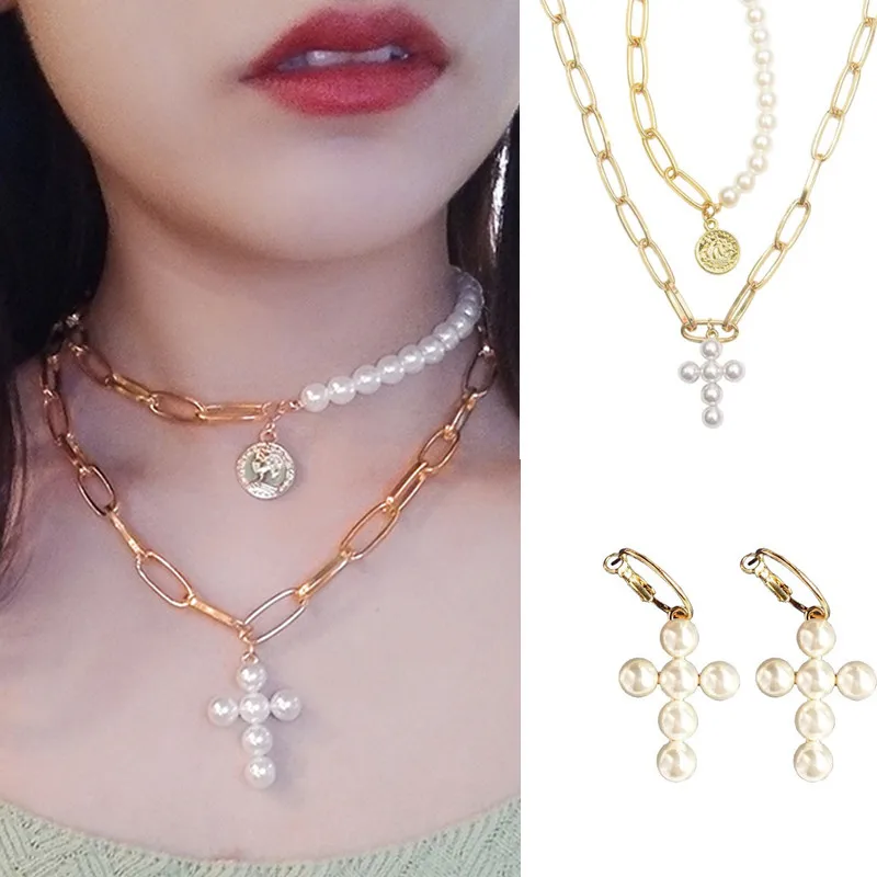 DIEZI дизайн имитация жемчуга ожерелье женский монета с крестом ниспадающее ожерелье на шею для женщин девушек золотой цвет модные украшения