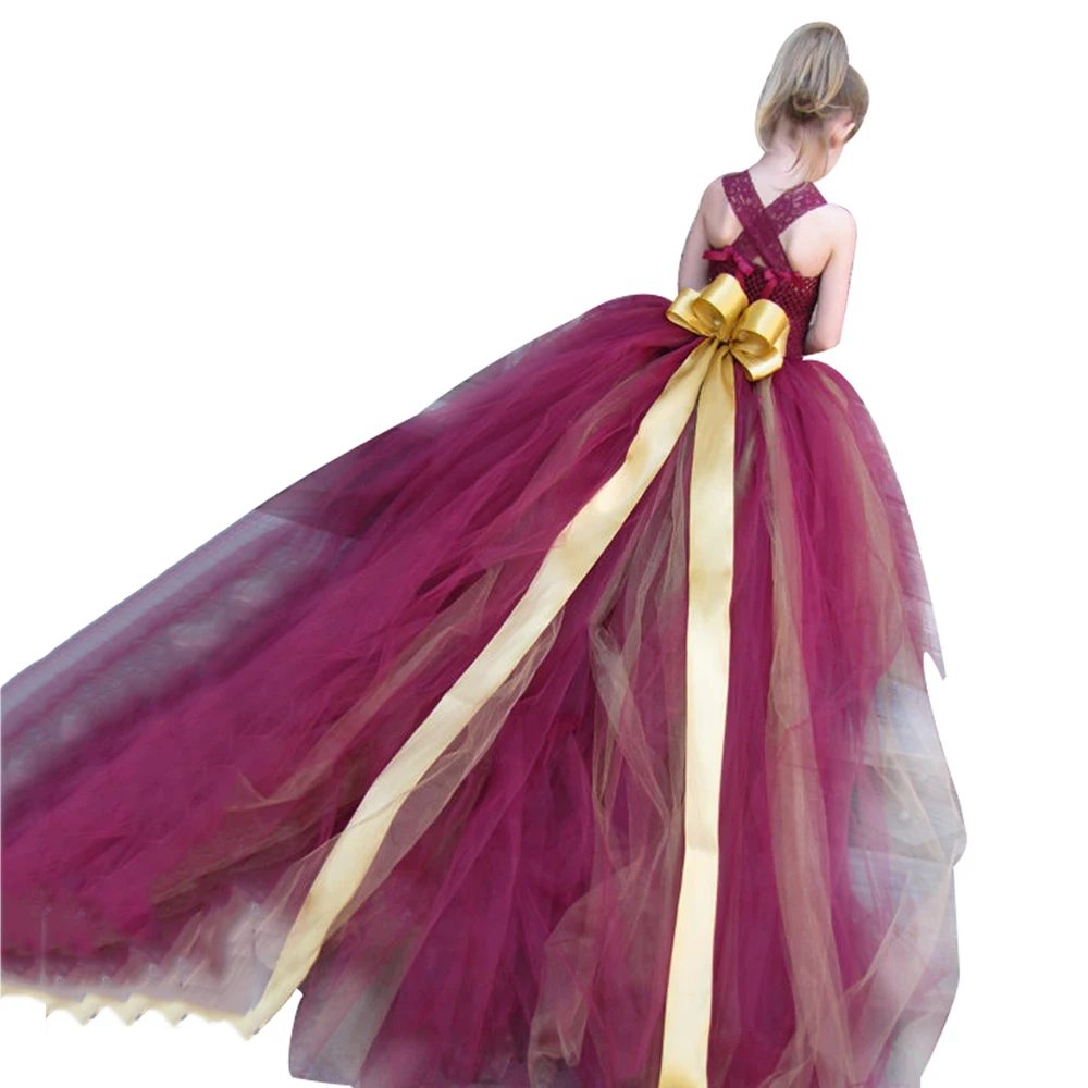 

Elegant Wine Red Long Tail Girls Party Dresses Age 13 for Girls Back to School Costumer Lace Sleeveless Long Evening Dress Tutu