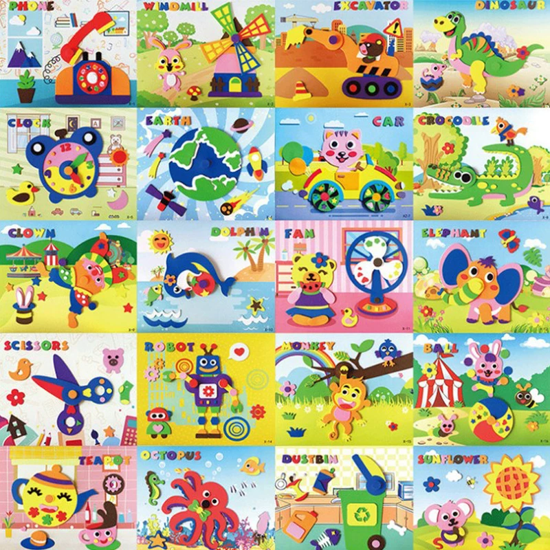

DIY Applique Kids Rotating Sticker Toy Handmade Non-woven Cloth Cartoon Animal Rotating Painting Art CraftGift Soft EVA Toys