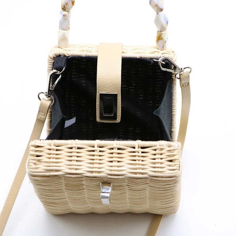 Новая модная сумка из ротанга, кожаная сумка с пряжкой, соломенные сумки, портативная бамбуковая тканая сумка, диагональная пляжная сумка для отдыха