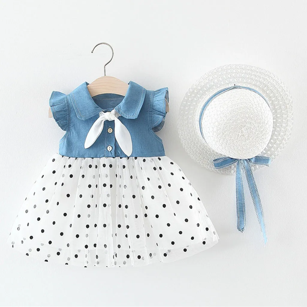 

Infant Toddler Baby Kids Girls Flare Sleeve Bele Bow Dot Patchwork Tulle Dress Princess Dresses Clothes+Hat Outfit Sets 2Pcs
