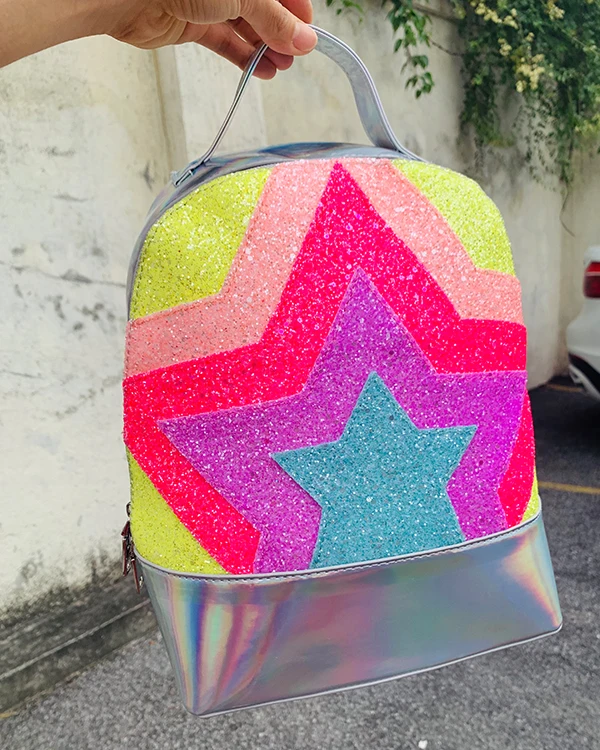 Ослепительные тренды Лазерная цветная аппликация со звездами серебряный модный рюкзак для молодых девушек на молнии сумка на плечо школьные сумки повседневные Mochila