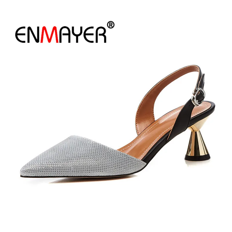

ENMAYER Women Med heels Sandals Shoes women Back strap Size34-39 Summer Causal Thin heels sandals buckle strap Pointed toe CR772