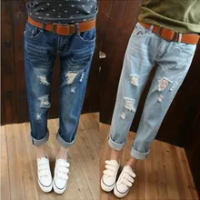 Повседневные винтажные Женские джинсы-капри с дырками размера плюс в стиле бойфренд, женские брюки