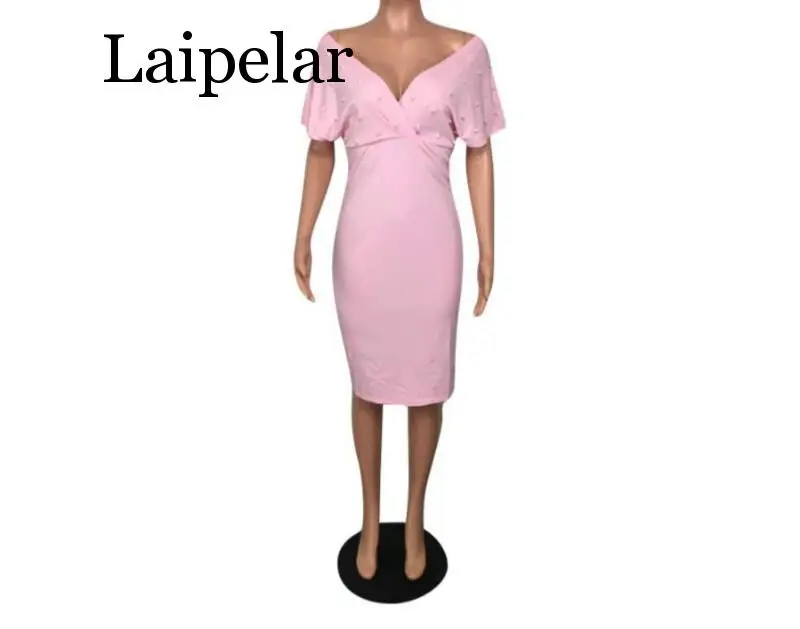 Laipelar High Quality Slim Fashion Women Dress Solid Deep V-Neck Half Sleeve Beading Autumn Midi Dress
