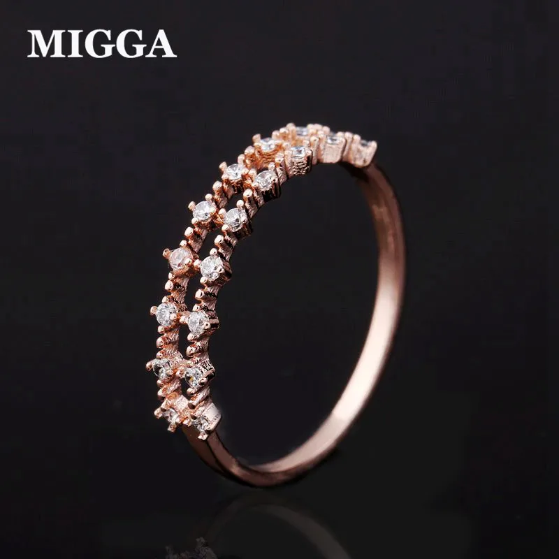 

MIGGA Delicate Double Rows Mini Cubic Zirconia Finger Ring for Women Girls Rose Gold Color Crystal Bague