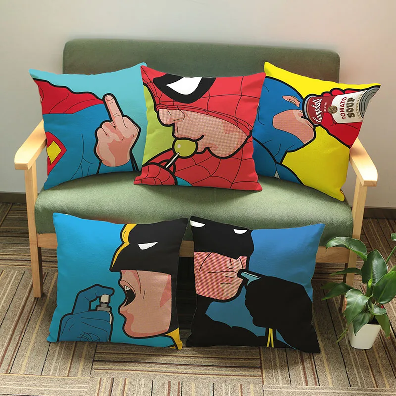 

Pop Art Style Super Hero Pillow Case Batman Spider-man Superman Cartoon Expression Home office sofa decoration Cushion Cover