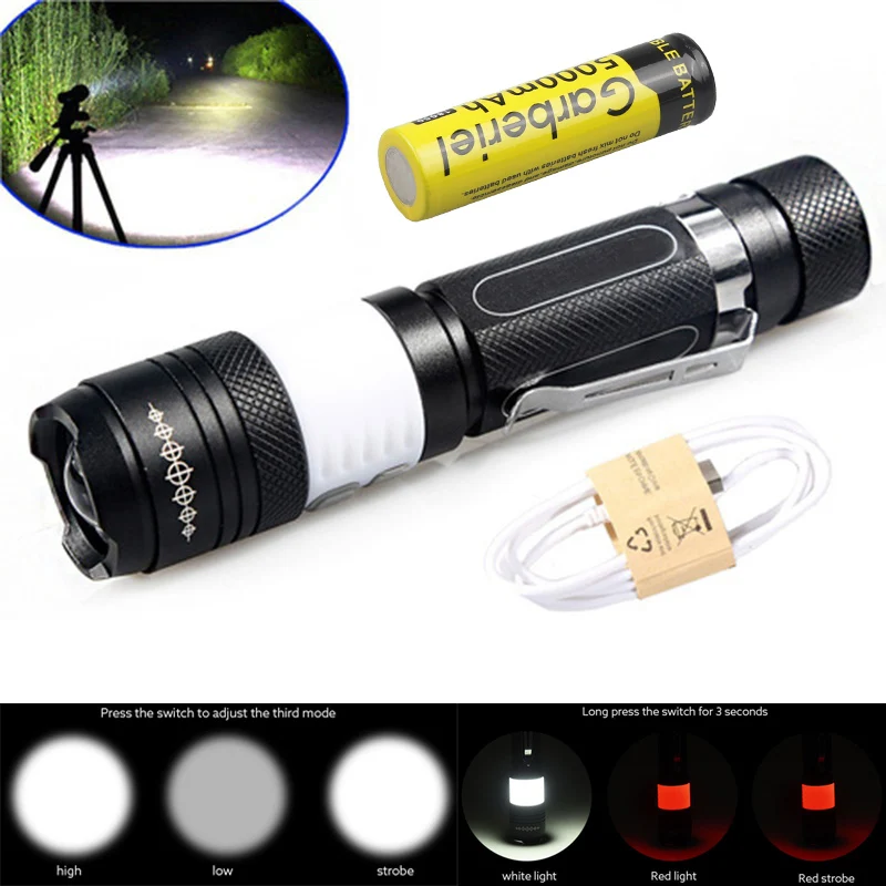 Kopen 1 set USB Oplaadbare 3 Modes LED Zaklamp Zoom Torch Light LED Lamp + 18650 Batterij + USB Kabel voor outdoor Caming Fietsen