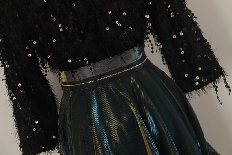 Новые весенне-осенние женские костюмы с юбкой, блестящие Блузы с кисточками, топы и изящные костюмы с юбкой, NS852