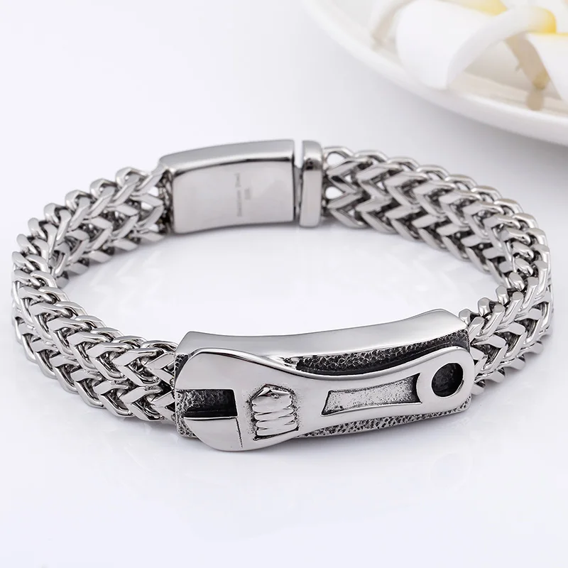 Клевый, панк-рок 12 мм широкий браслет в виде гаечного ключа Для мужчин Нержавеющая сталь Байкер мужской браслеты женские
