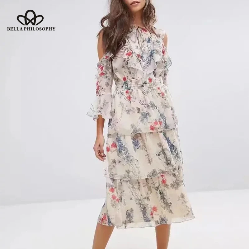 Wonder 2019 new Spring A-Line Print 3/4 Sleeve Sashes Women Dress Bow Mid-Calf Dress Casual Chiffon Lady Dress