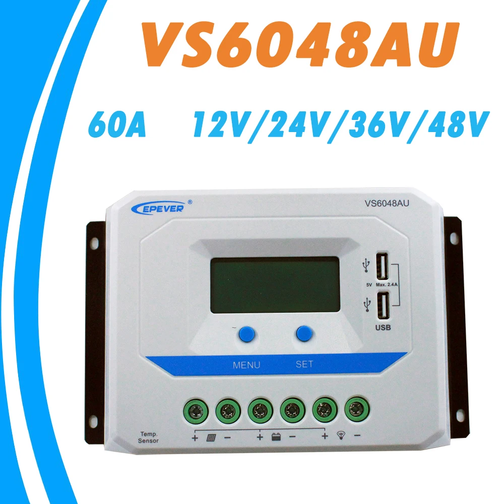 

EPEVER 60A Solar Controller 12V 24V 36V 48V Auto VS6048AU PWM Charge Controller with Built in LCD Display and Double USB 5V Port