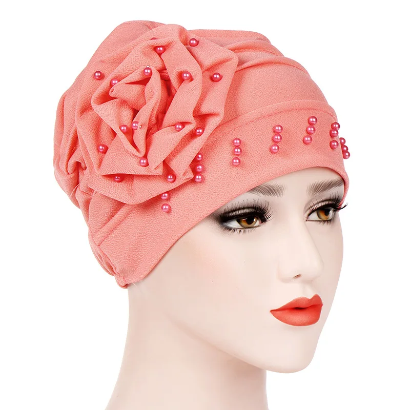 

Fashion Women Big Flower Ruffle Beanie Muslim Turban Pearl Beaded Hair Loss Head Wrap Cancer Chemo Cap Hair Accessories