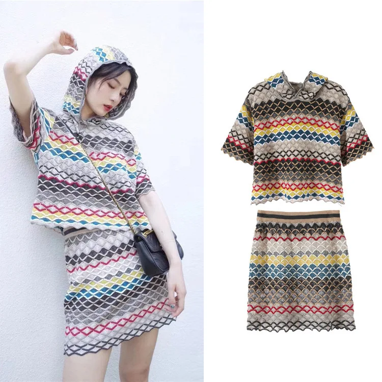 

New summer 2019 contracted wave grain jacquard hooded sweater rainbow stripes SA0404 elastic bust skirt