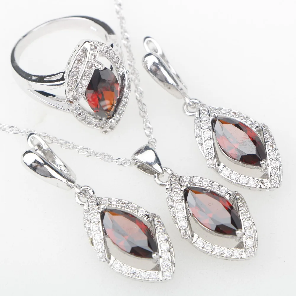 Красный Гранат CZ серебро 925 Ювелирные наборы для костюма кулон ожерелье кольца серьги украшения в женский ювелирный набор подарочная коробка