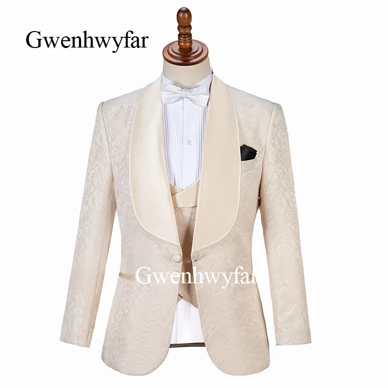 Groomsmen Shawl Lapel Groom Tuxedos Men Suits Wedding Prom Dinner Best Man (Jacket + Pants + Vest)