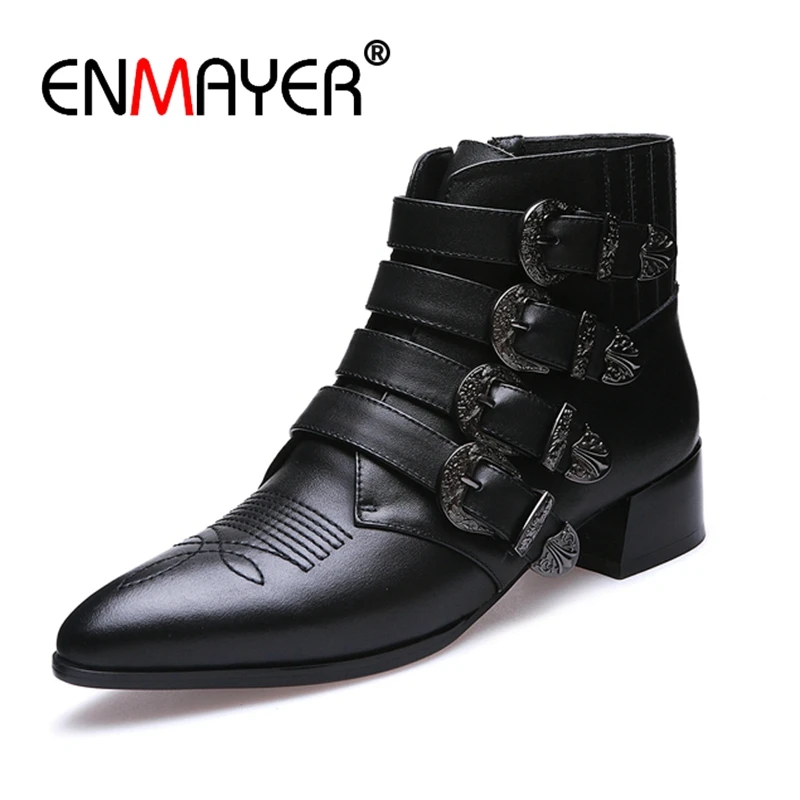 

ENMAYER Cow Leather Woman Ankle boots shoes Winter Causal Thick heels Motorcycle boots Size 34-39 Pointed toe Buckle Punk CR1122
