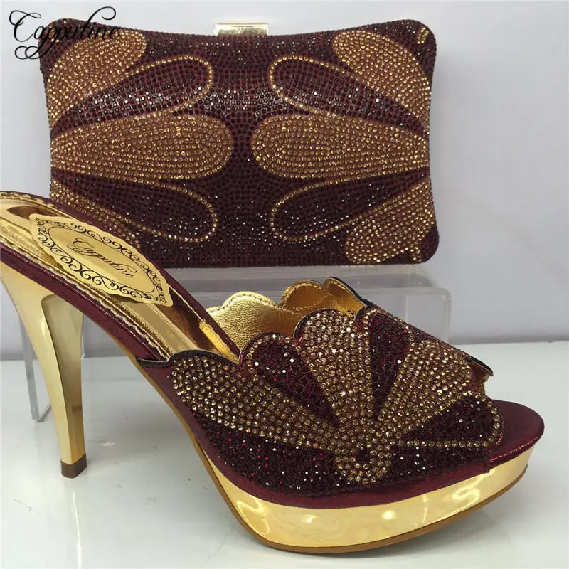 

High Quality Rhinestone Womam Shoes And Bag Set African Elegant Wine Color Shoes And Bag Set For Wedding On Stock BL885C