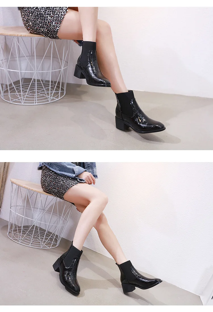 Ботинки martin из лакированной кожи с плюшевой подкладкой в римском стиле; зимние брендовые короткие ботинки «Челси» с крокодиловой текстурой; женские ботинки на не сужающемся книзу массивном каблуке; bottes femme