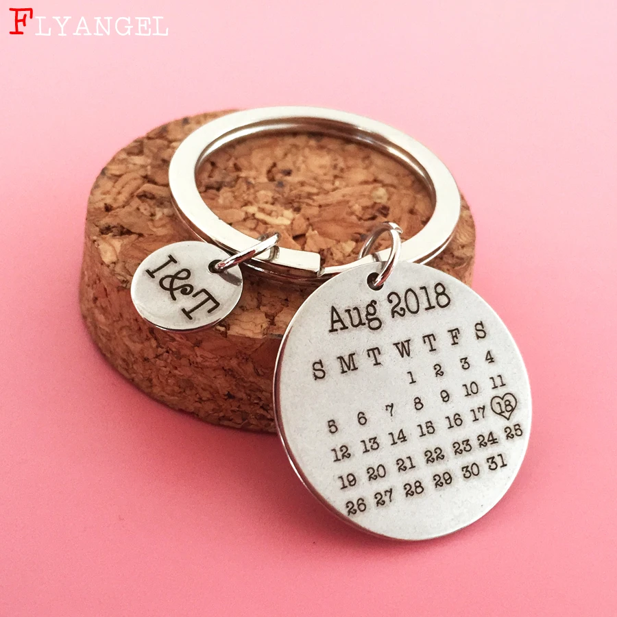 

Customized Hand Stamped Calendar Keychain,Personalized Keyring, Custom Initial Name&Date, Custom Key Chains Gifts for Valentines