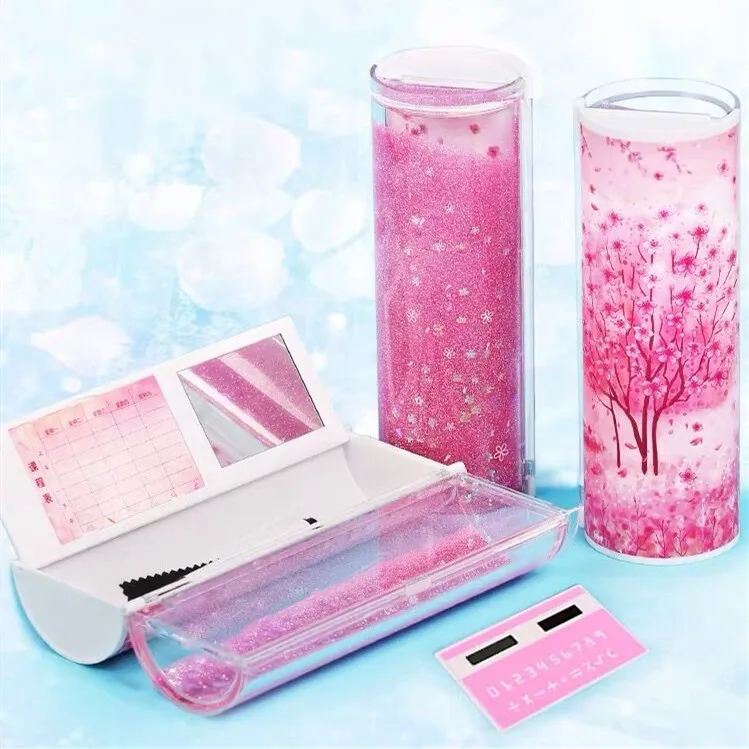 

New Kawaii Creative Bling Bling Quicksand Pencil Case With Solar Calculator For Girls Magnet Switch Pencilcase School Stationery
