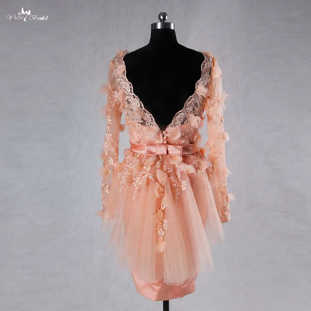 RSE728 long sleeve lace blush pink short wedding dress (3)