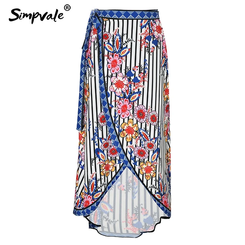 

SIMPVALE Boho Split Flower Print Women Skirts Sexy Beach Asymmetrical Long Skirt Summer Female Striped Lace-Up Party Maxi Skirts