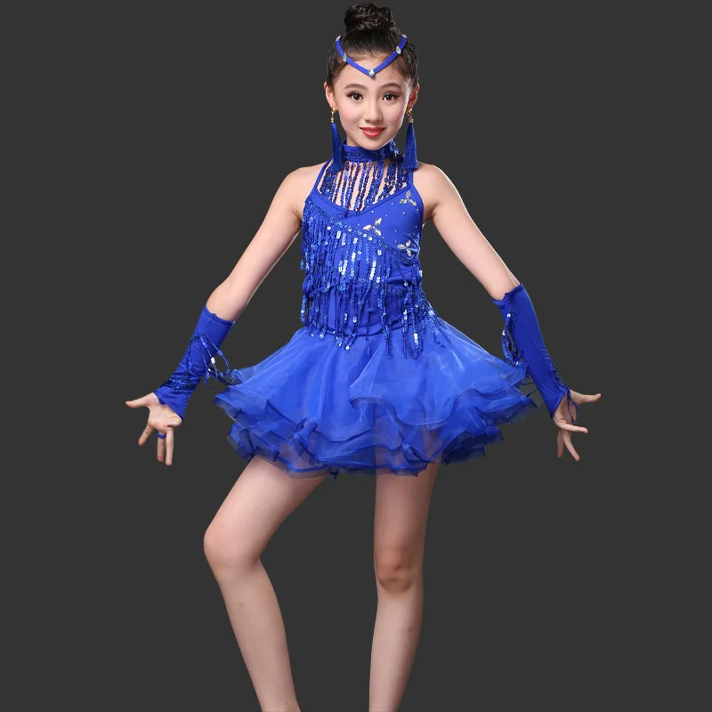 Children Sequined Latin Ballroom Dance Dress Kids Girls Dancewear