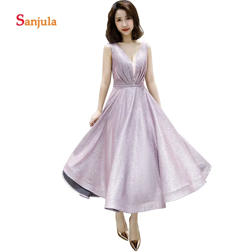 

Blush Pink A-Line Prom Dresses Ankle-Length Tank V Neck Simple Middle Length Girls Graduation Party Dress Shiny Prom Gowns D551