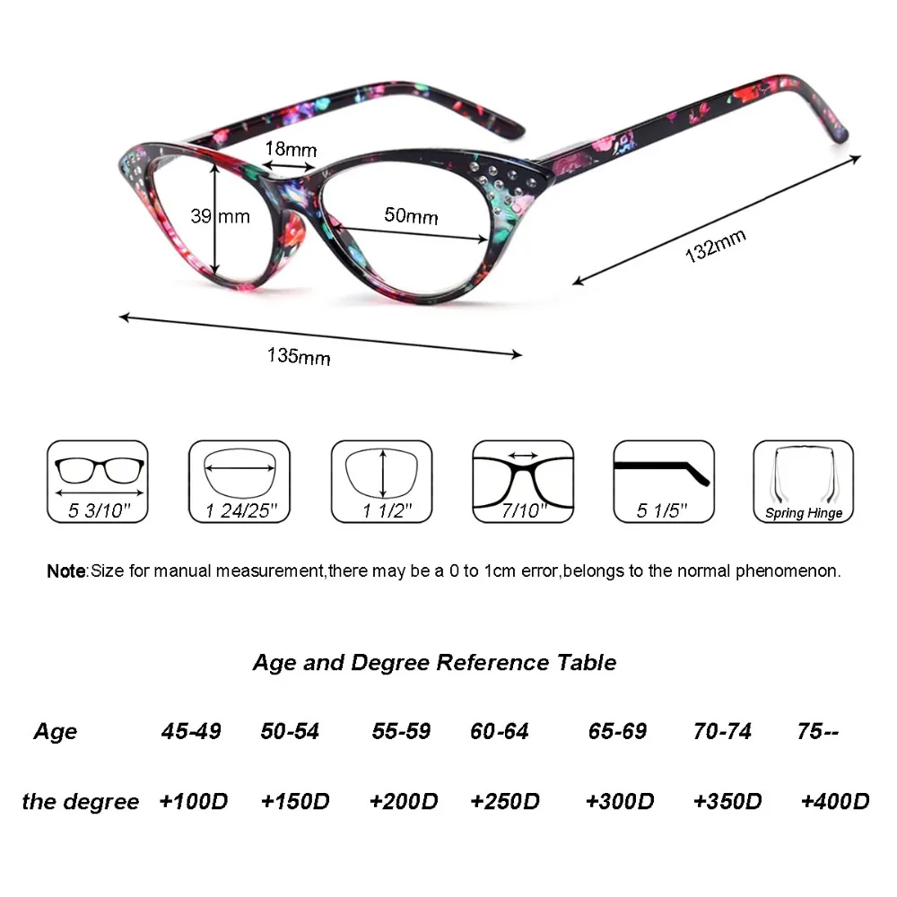 Очки для чтения кошачий глаз женские винтажные с цветочным принтом Алмазная оправа пресбиопические очки дамские диоптрические дальнозоркие+ 1 2 3 4