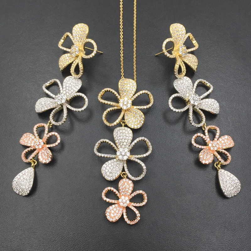

LanRuiSha Jewelry Set Stylish Long Elegant Hollow Flowers Zircon Necklace with Earrings Anniversary Engagement Luxury Best Gifts