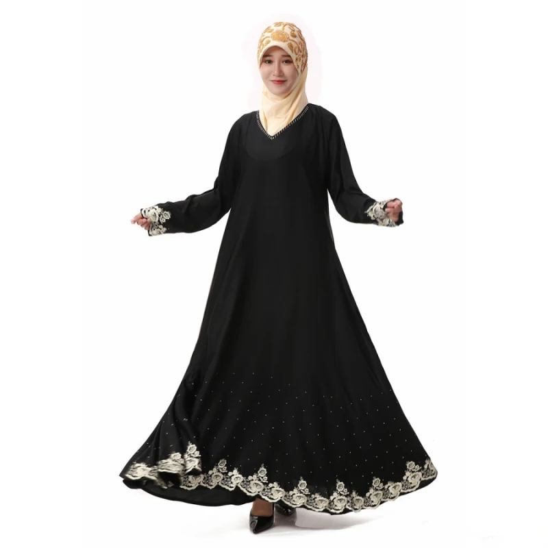 

High Quality Islamic Women's Black Spring Abayas Muslim Long Sleeve Lace Hem Dress Arabic Dubai Turkish Women Clothing