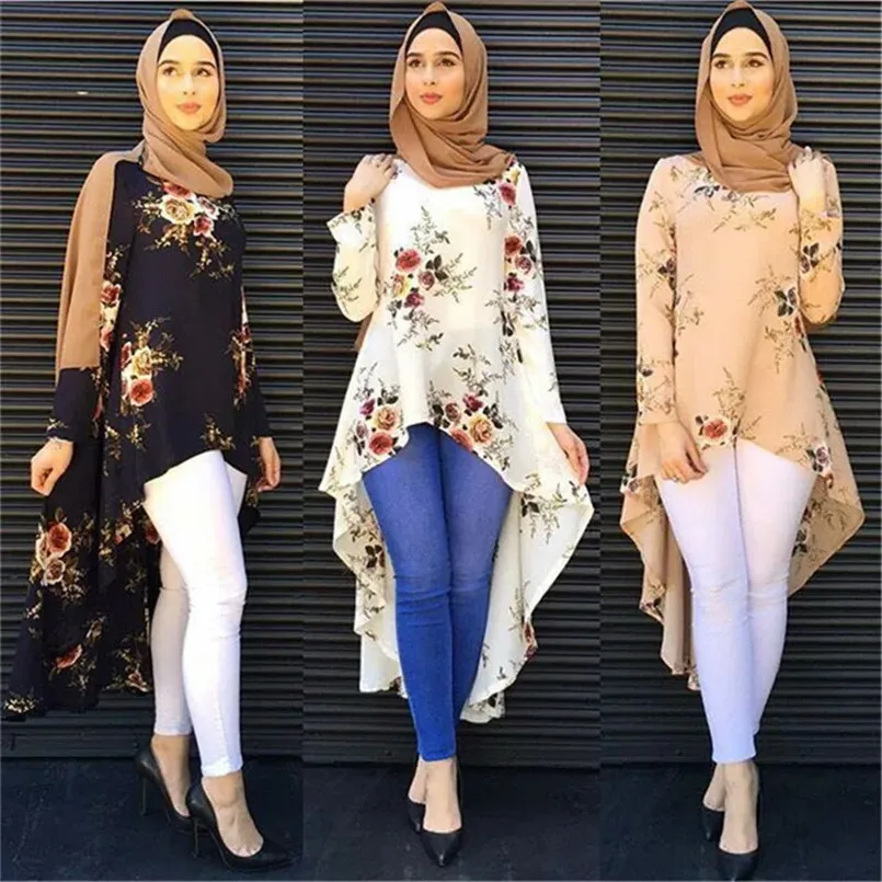 

Irregular Swallowtail Chiffon Blouse Muslimah Blouse & Shirts Fashion Print Islamic Muslim Women's Summer Tops Full Sleeves