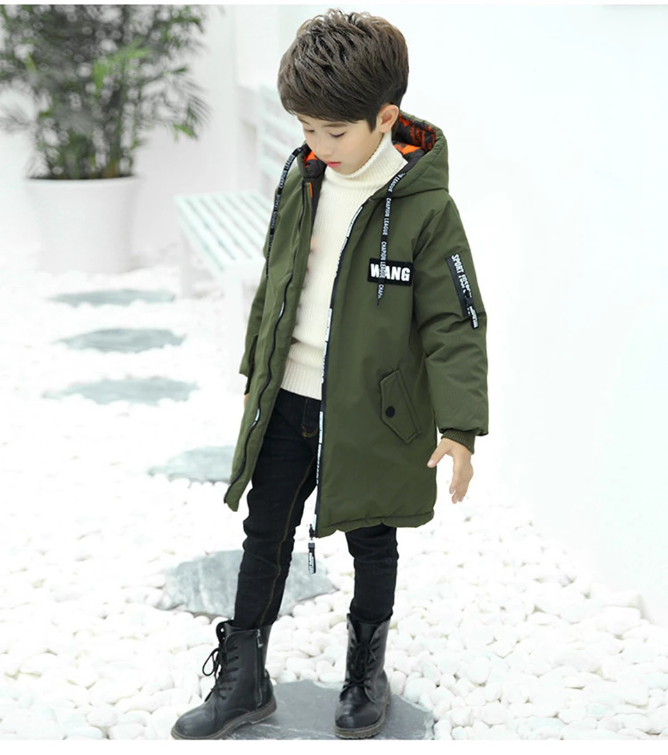Г., новые куртки-парки для мальчиков верхняя одежда для подростков детские зимние куртки на рост от 110 до 170 см, пуховые пальто Теплый детский плотный хлопковый пуховик - Цвет: Армейский зеленый