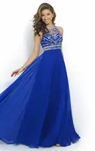 Robe de soiree A-linie Royal Blue Himmelblau Orange Chiffon Silber Perlen Kristall Pailletten Open Back Lange Abendkleider