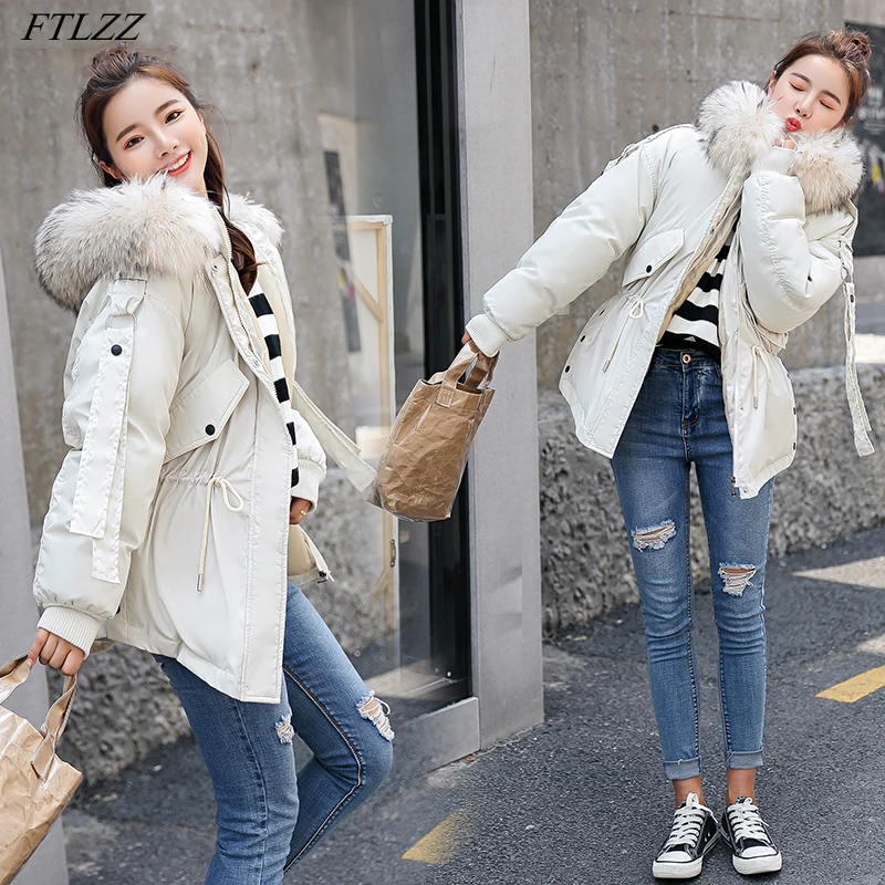 Online FTLZZ 2019 Women Winter Short Jacket Mujer Hooded Parkas Winter Coat Women Loose Parka Fur Collar Cotton Padded Jackets