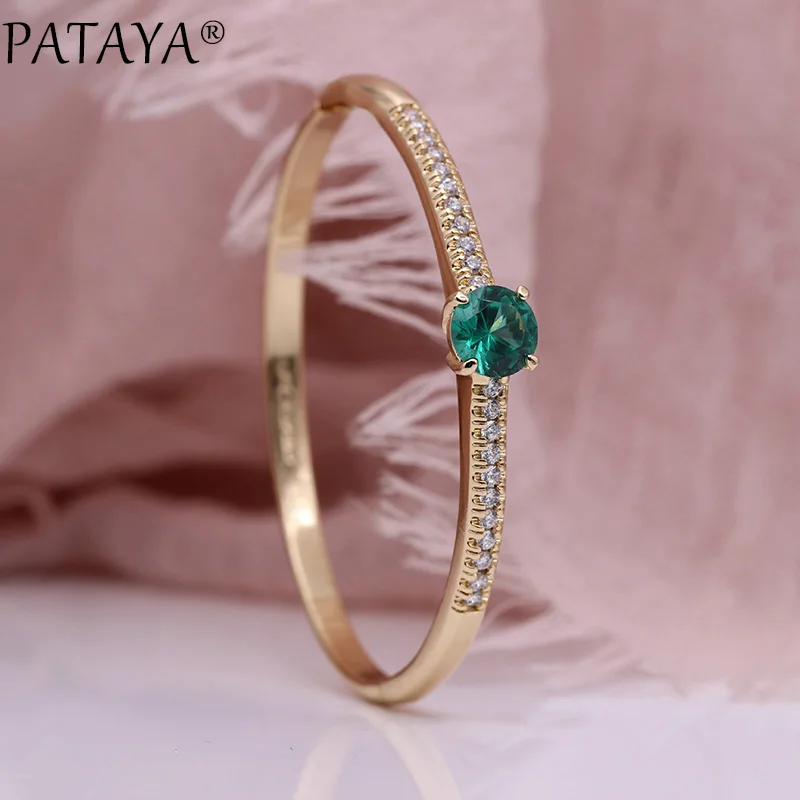 

PATAYA New Women Bangles 585 Rose Gold Green Round Natural Zircon Fashion Jewelry Wedding Gift Party Luxury Fine Oval Bangle