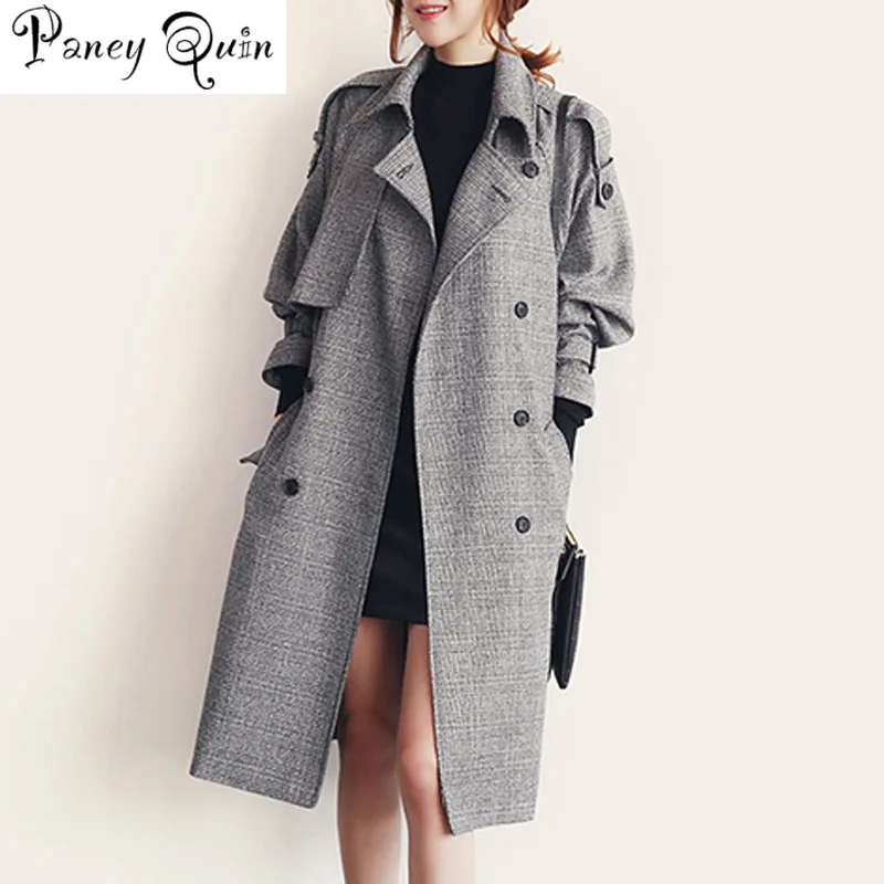 Женское пальто-Тренч, ветровка, повседневное пальто с узором «гусиная лапка», украшенное поясом, длинное женское пальто, женская ветровка