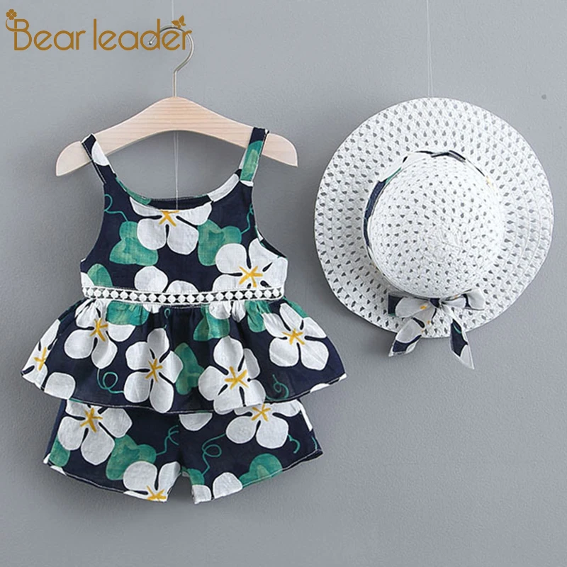 

Bear Leader Summer Girls Set Bohemian Girl Suit Kids Floral Sling Shorts with Hat 3PCS Suit Splicing Clothes Princess Suit