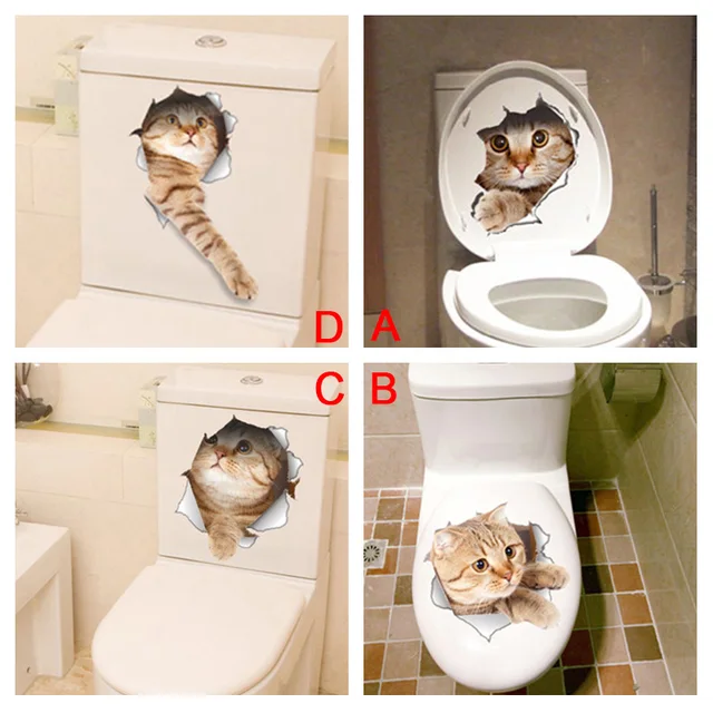 Cute Kitten Toilet Stickers Wall Decals 3d Hole Cat Animals Mural Art Home Decor Refrigerator Posters 6