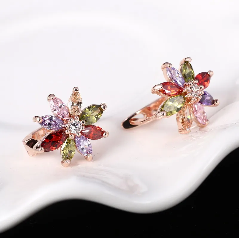Women Fashion CZ Crystal Earrings Colorful Flower Stud Earrings Rose ...
