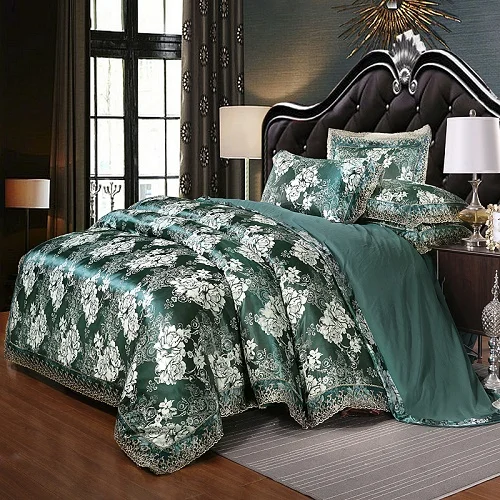 Серебристо-зеленый синий класса люкс из жаккарда в европейском стиле шелк Постельное белье кружева постельное белье/постельное белье постельный комплект 3/4 шт - Цвет: 1