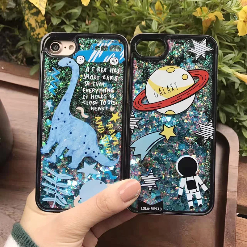 Dinosaur Stars planets soft edge liquid back cover Phone Case for iPhone 7 6 6s plus Dynamic Colorful Quicksand Glitter Flamingo |