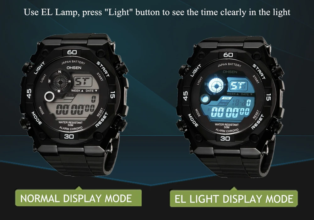 Новинка OHSEN цифровые электронные мужские спортивные наручные часы для мальчиков 50 м водонепроницаемый черный силиконовый ремешок модные ЖК-часы для активного образа жизни подарок